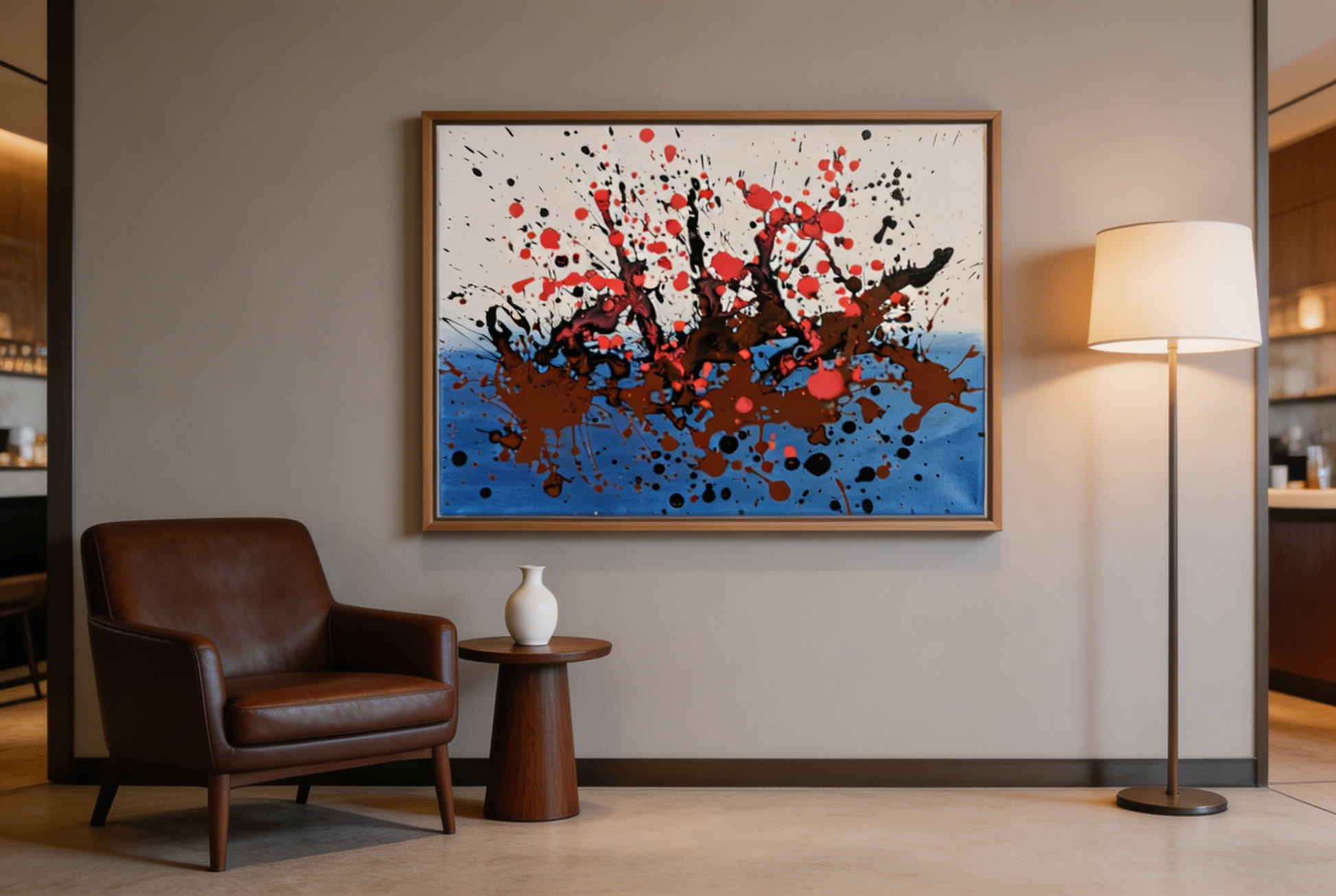 Abstract oil painting with red and black splash over a blue band