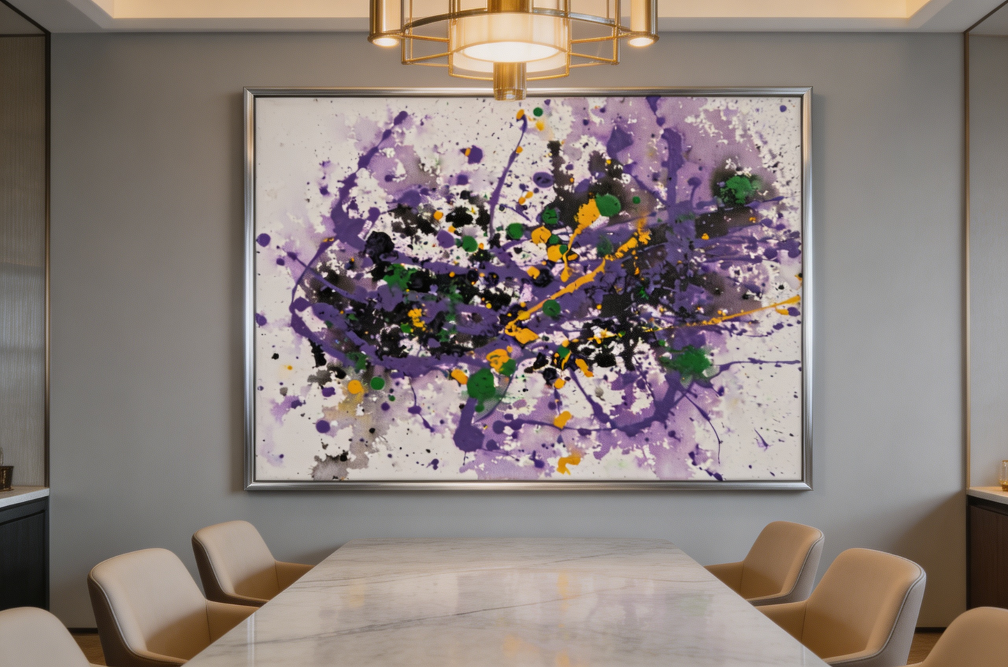 Purple abstract oil painting with swirling splatter and bright accents