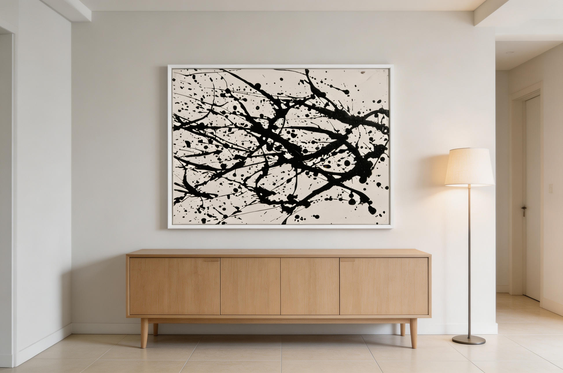 Black and white abstract oil painting with sweeping gestural lines