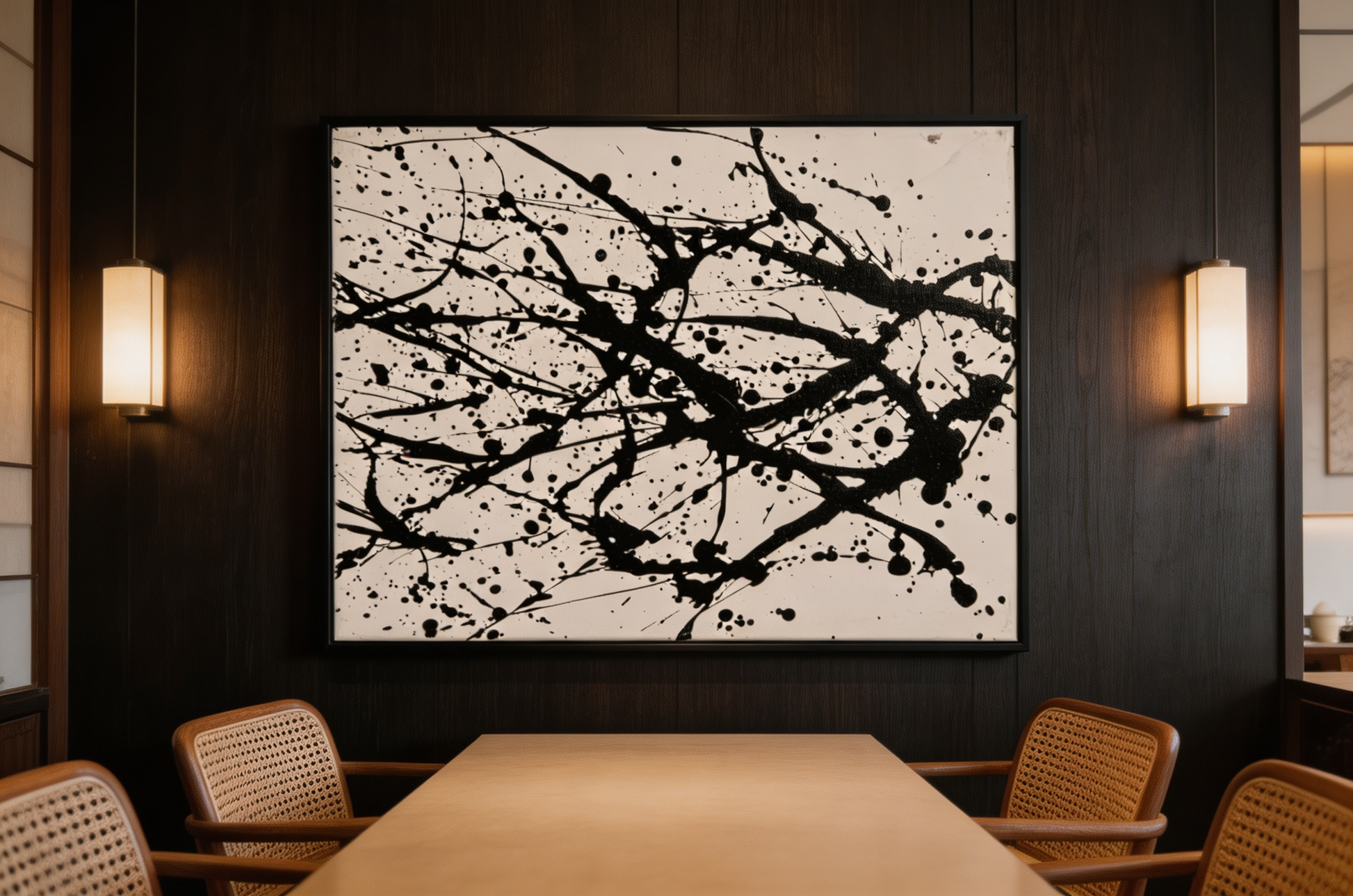 Black and white abstract oil painting with sweeping gestural lines