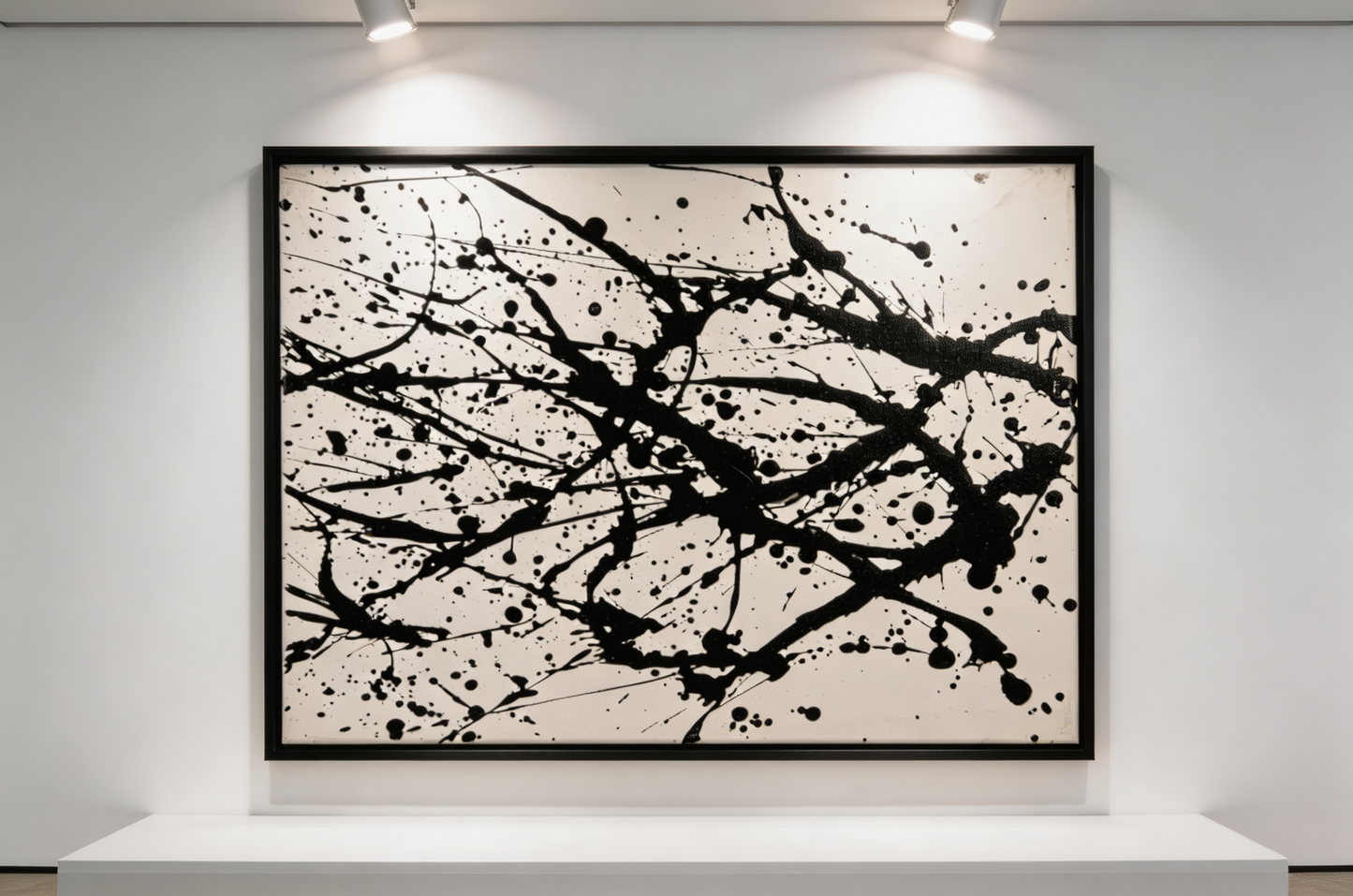 Black and white abstract oil painting with sweeping gestural lines