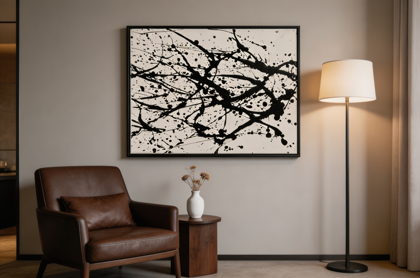 Black and white abstract oil painting with sweeping gestural lines