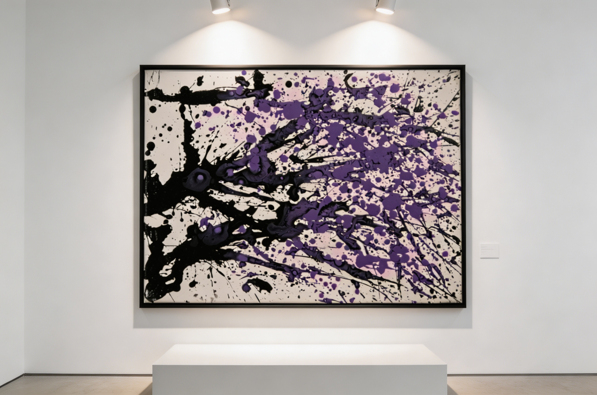 Abstract oil painting with purple splashes and bold black strokes on white background