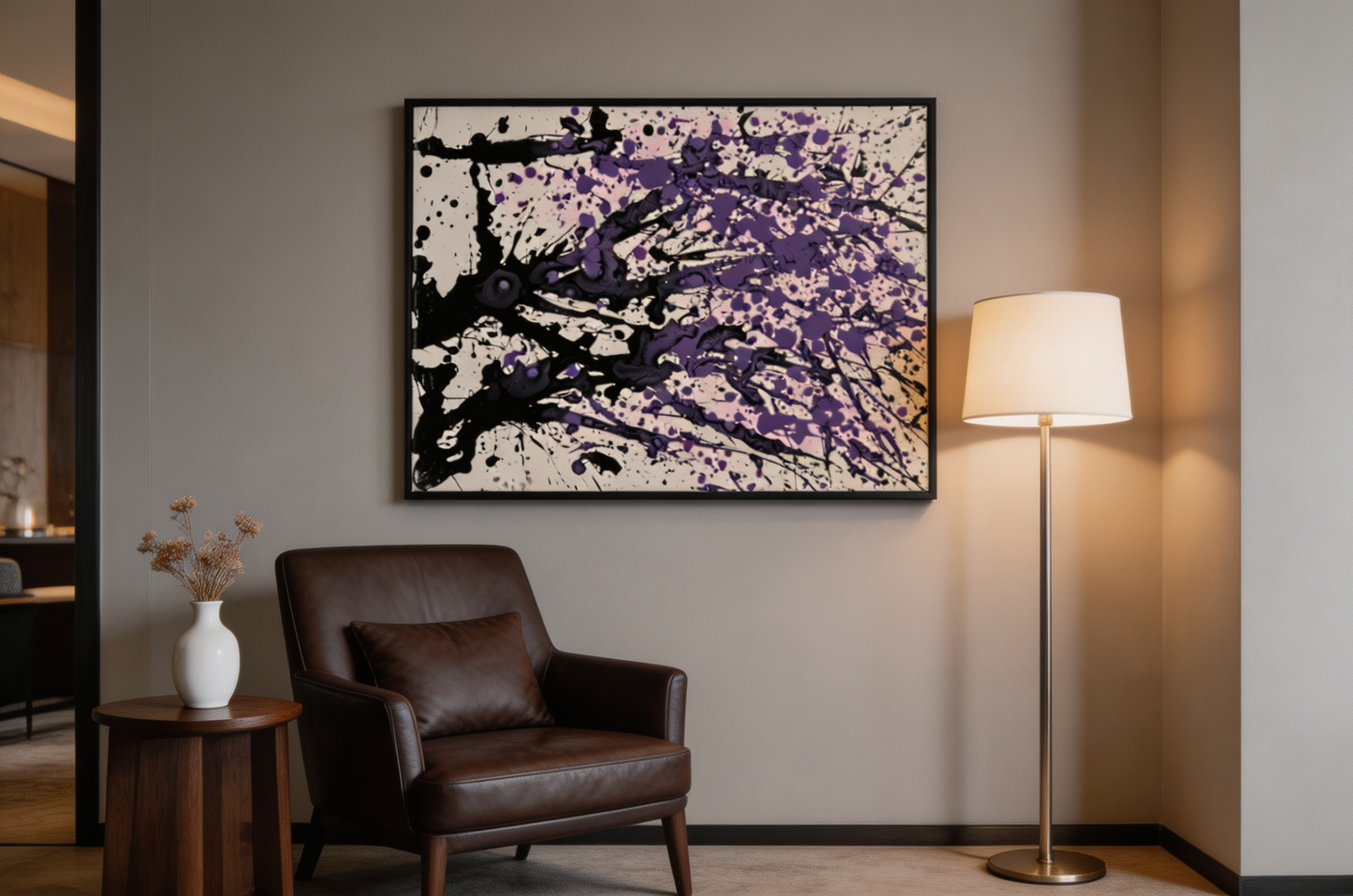 Abstract oil painting with purple splashes and bold black strokes on white background