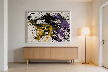 Abstract oil painting with black splashes, golden curves, and purple patches on white