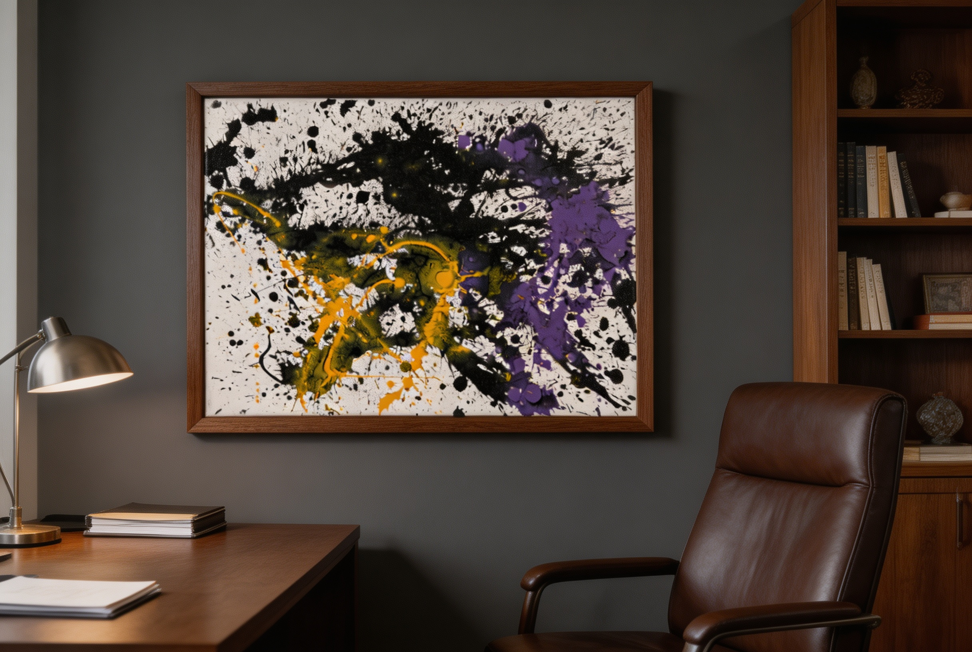 Abstract oil painting with black splashes, golden curves, and purple patches on white