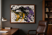 Abstract oil painting with black splashes, golden curves, and purple patches on white
