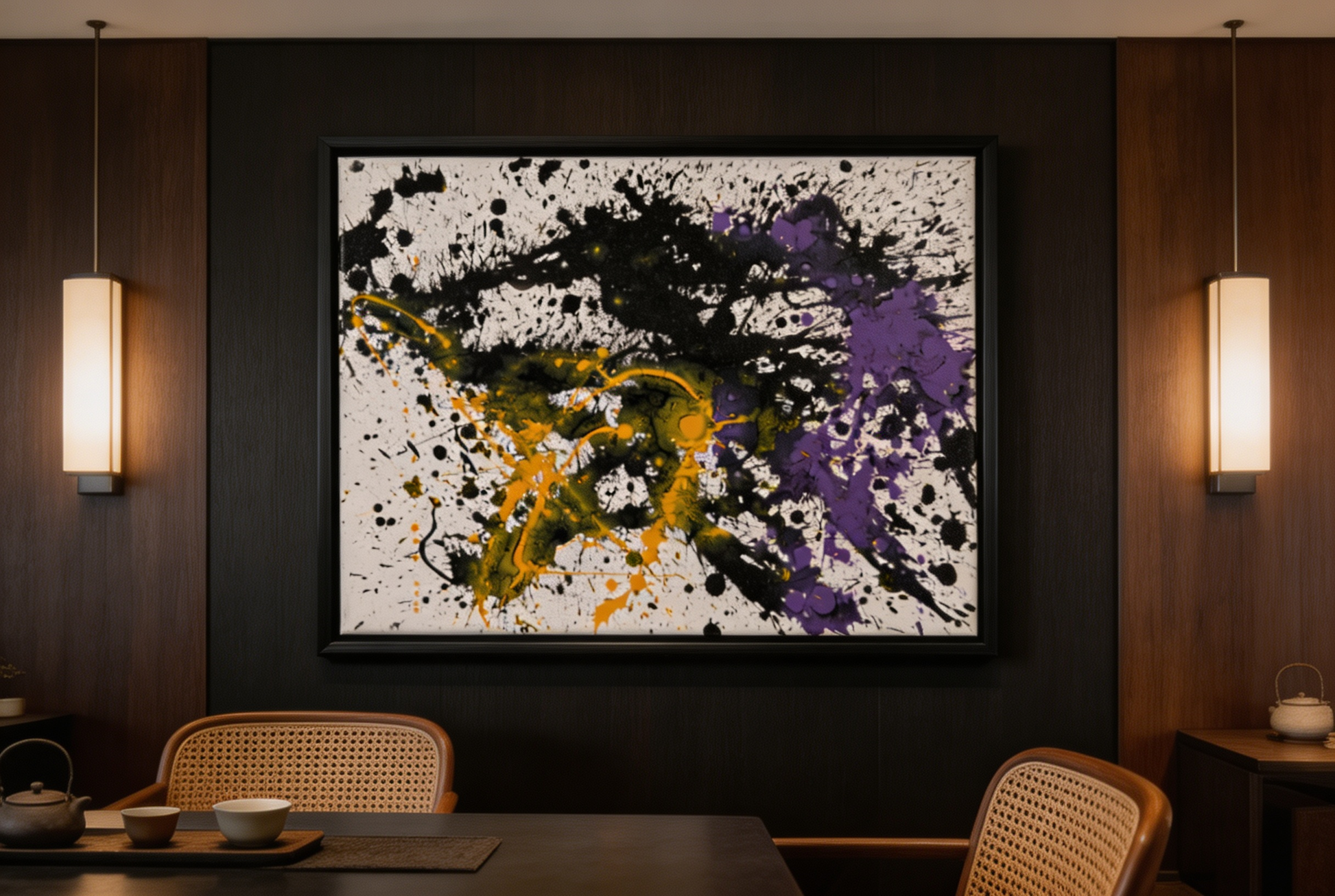 Abstract oil painting with black splashes, golden curves, and purple patches on white