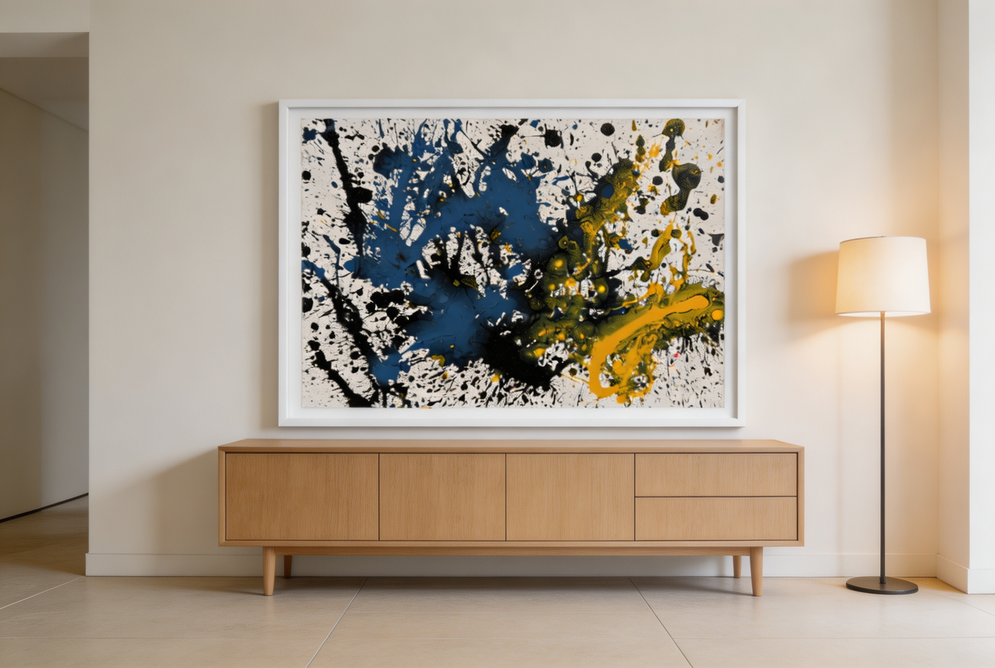 Abstract oil painting with deep blue splashes, golden curves, and black specks on white