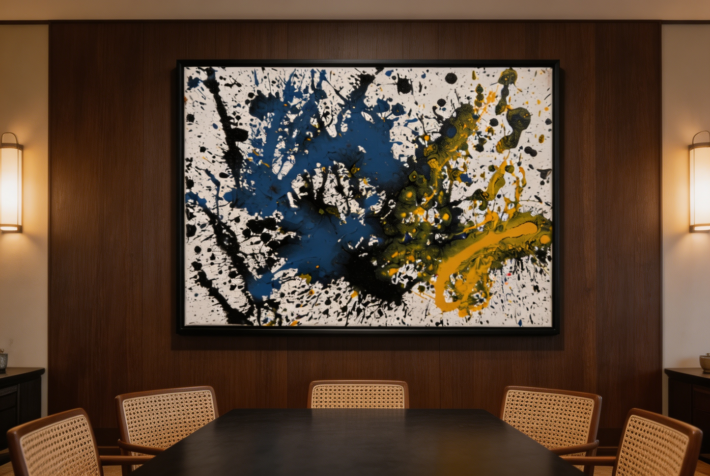 Abstract oil painting with deep blue splashes, golden curves, and black specks on white