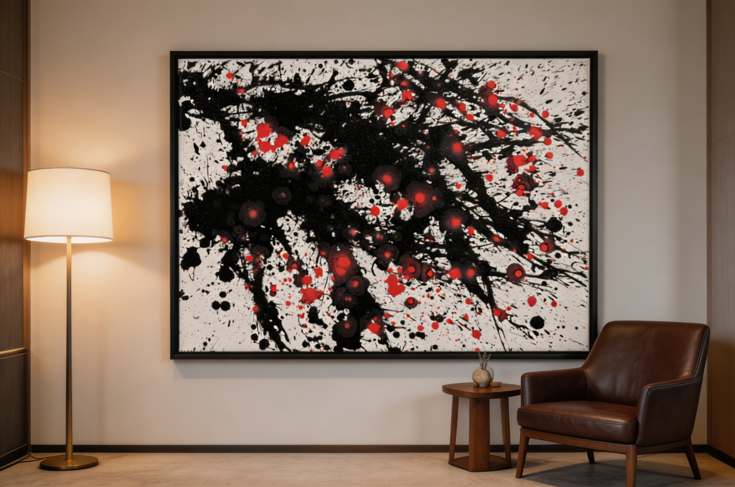 Abstract oil painting with bold black diagonal strokes and scattered red dots on white