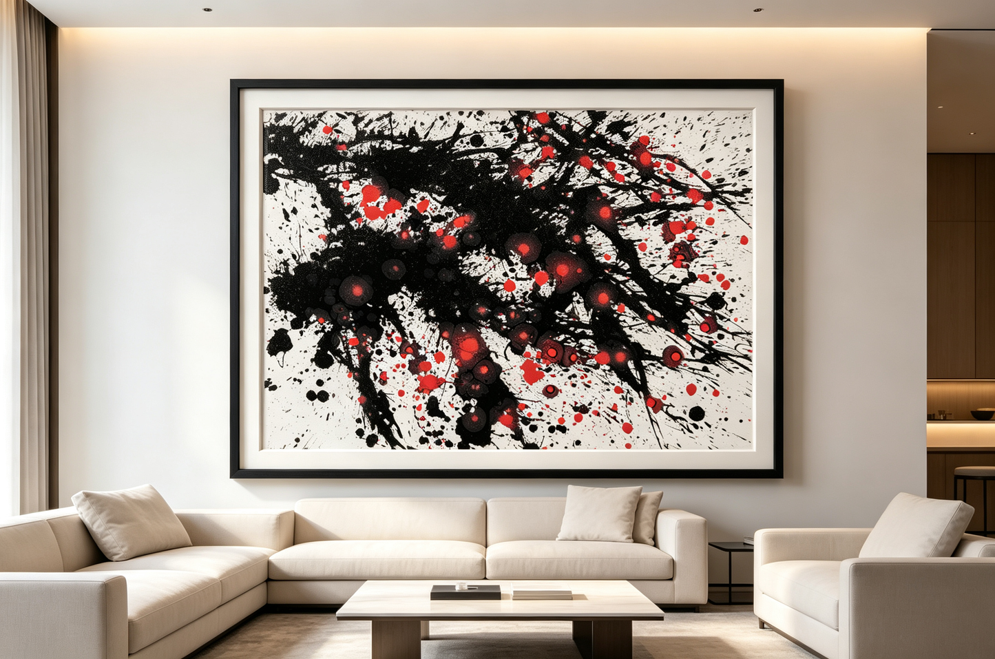 Abstract oil painting with bold black diagonal strokes and scattered red dots on white