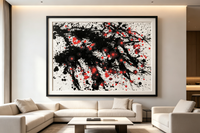 Abstract oil painting with bold black diagonal strokes and scattered red dots on white