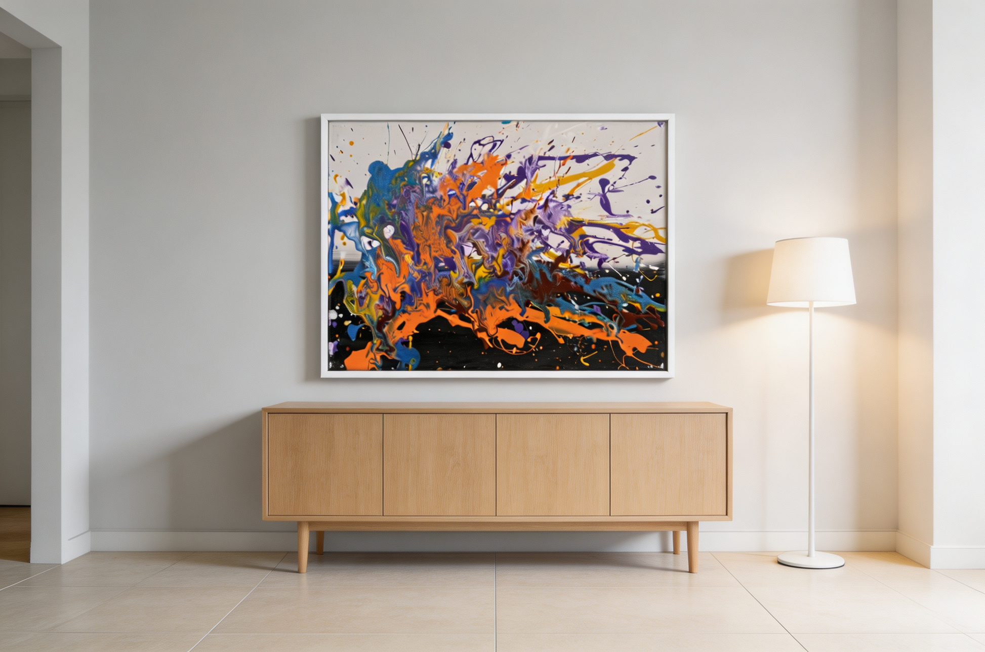 Abstract oil painting with fluid orange, blue and purple splashes on black background