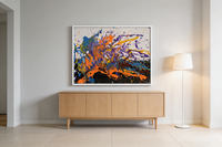 Abstract oil painting with fluid orange, blue and purple splashes on black background