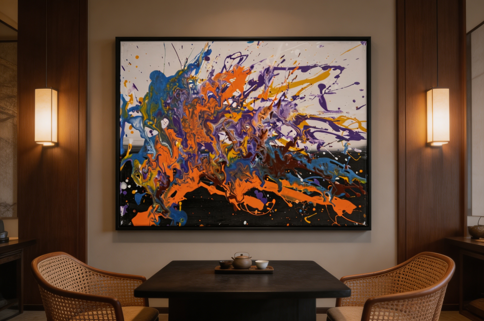Abstract oil painting with fluid orange, blue and purple splashes on black background