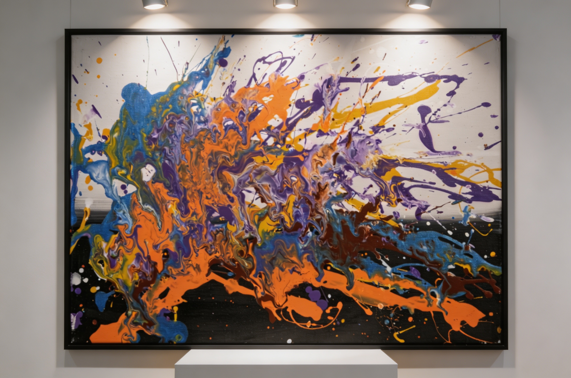 Abstract oil painting with fluid orange, blue and purple splashes on black background