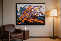 Abstract oil painting with fluid orange, blue and purple splashes on black background