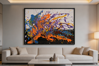 Abstract oil painting with fluid orange, blue and purple splashes on black background