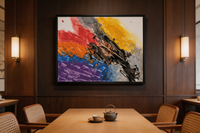 Abstract oil painting with thick black diagonal strokes over red and yellow color blocks