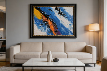 Abstract oil painting with cobalt blue background and bold orange black diagonal strokes