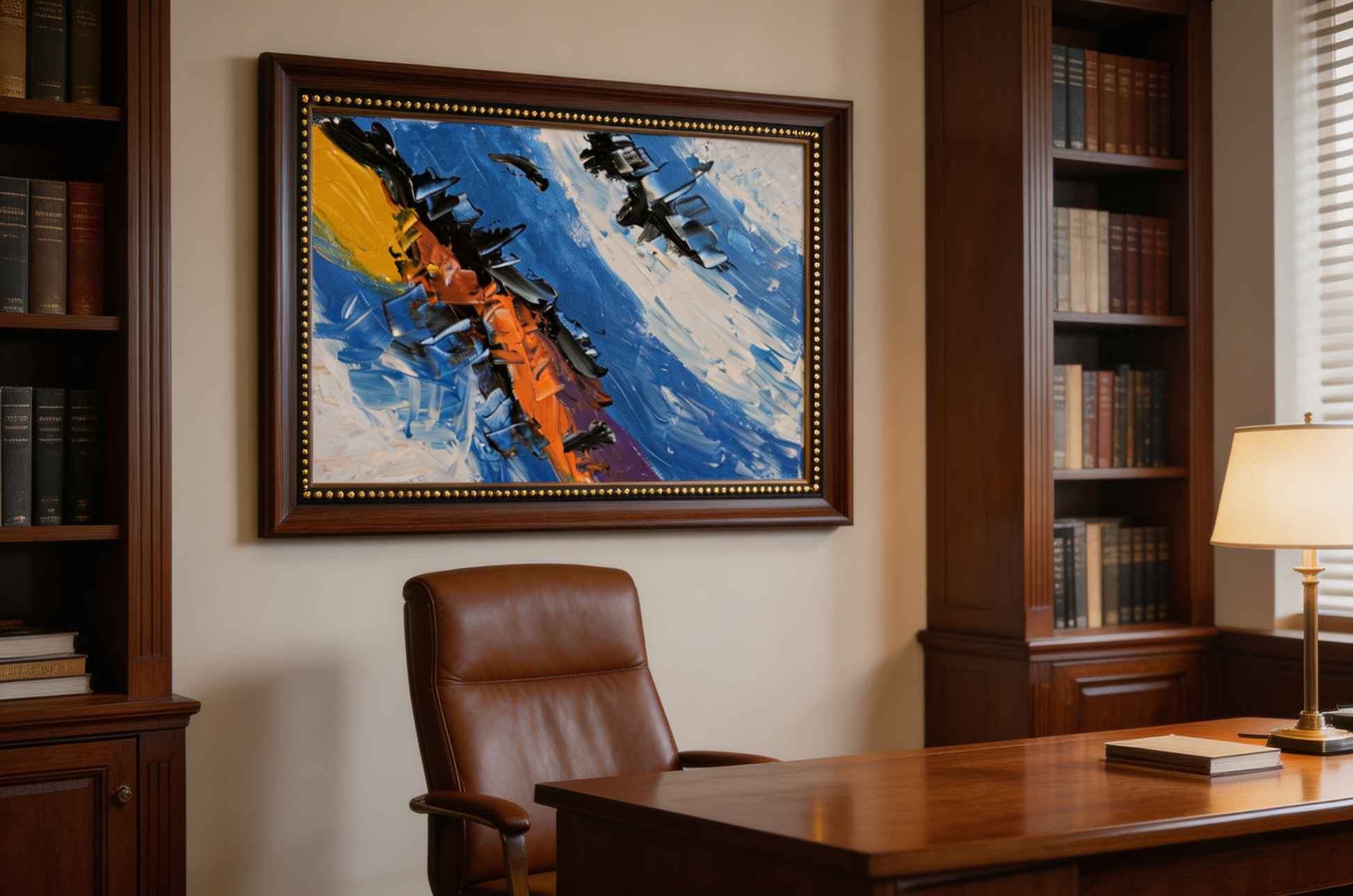 Abstract oil painting with cobalt blue background and bold orange black diagonal strokes