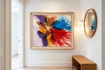Abstract oil painting with radial red blue and purple petal-like strokes on white background