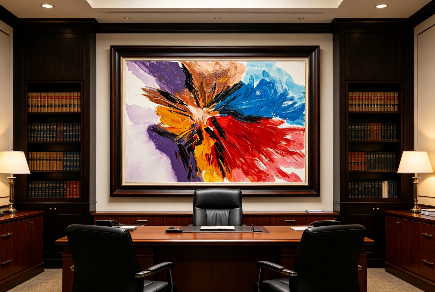 Abstract oil painting with radial red blue and purple petal-like strokes on white background