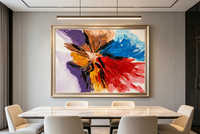 Abstract oil painting with radial red blue and purple petal-like strokes on white background