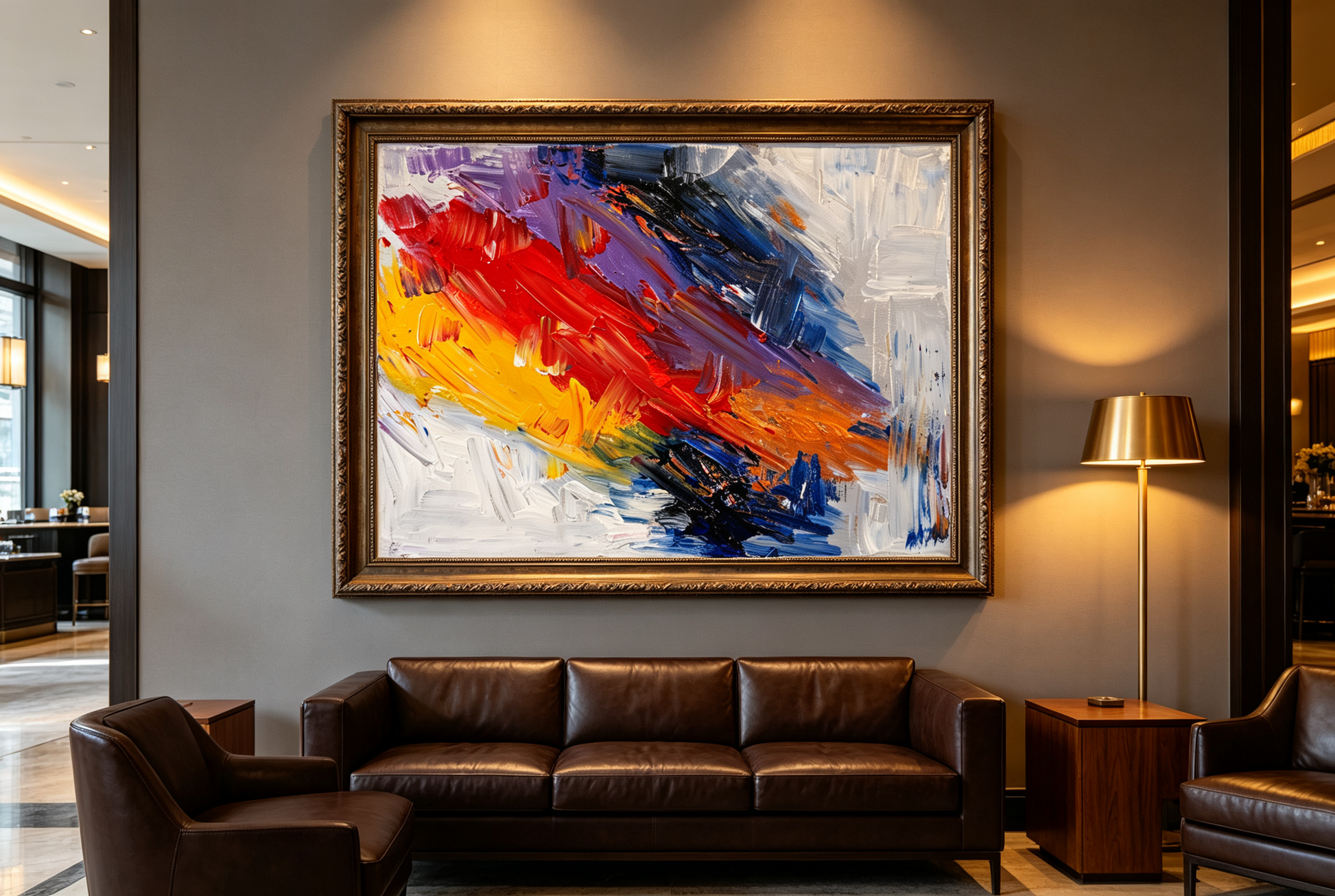 Abstract oil painting with sweeping red orange strokes against deep blue and purple background