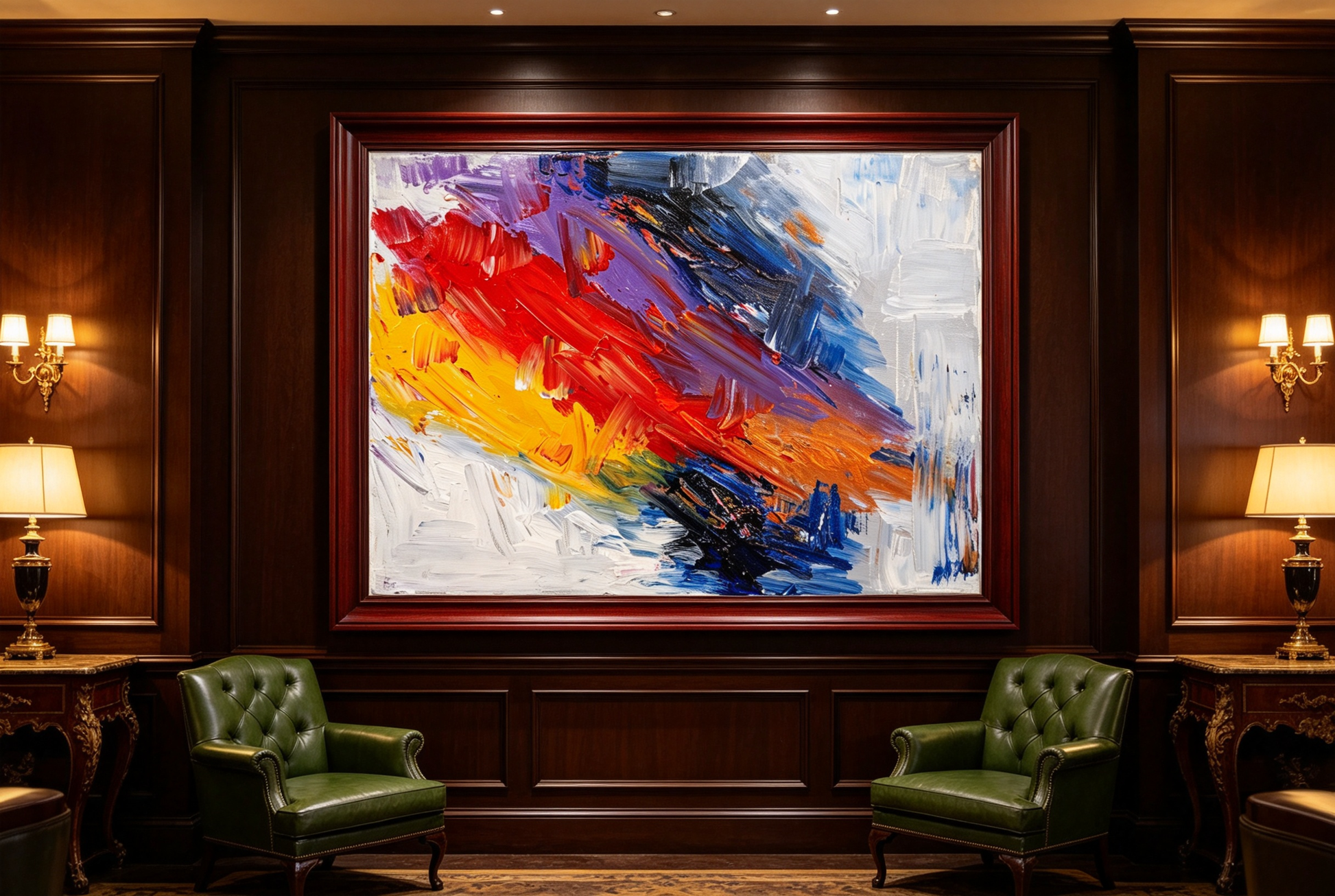 Abstract oil painting with sweeping red orange strokes against deep blue and purple background