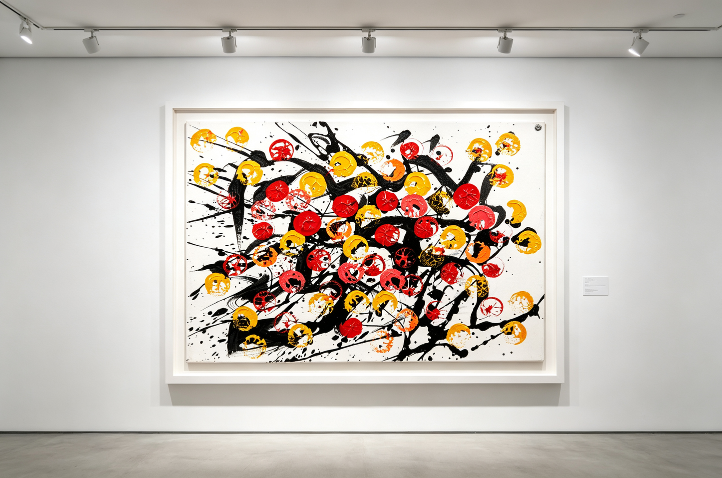 Abstract oil painting with red, gold, and orange circles over black splashes on white