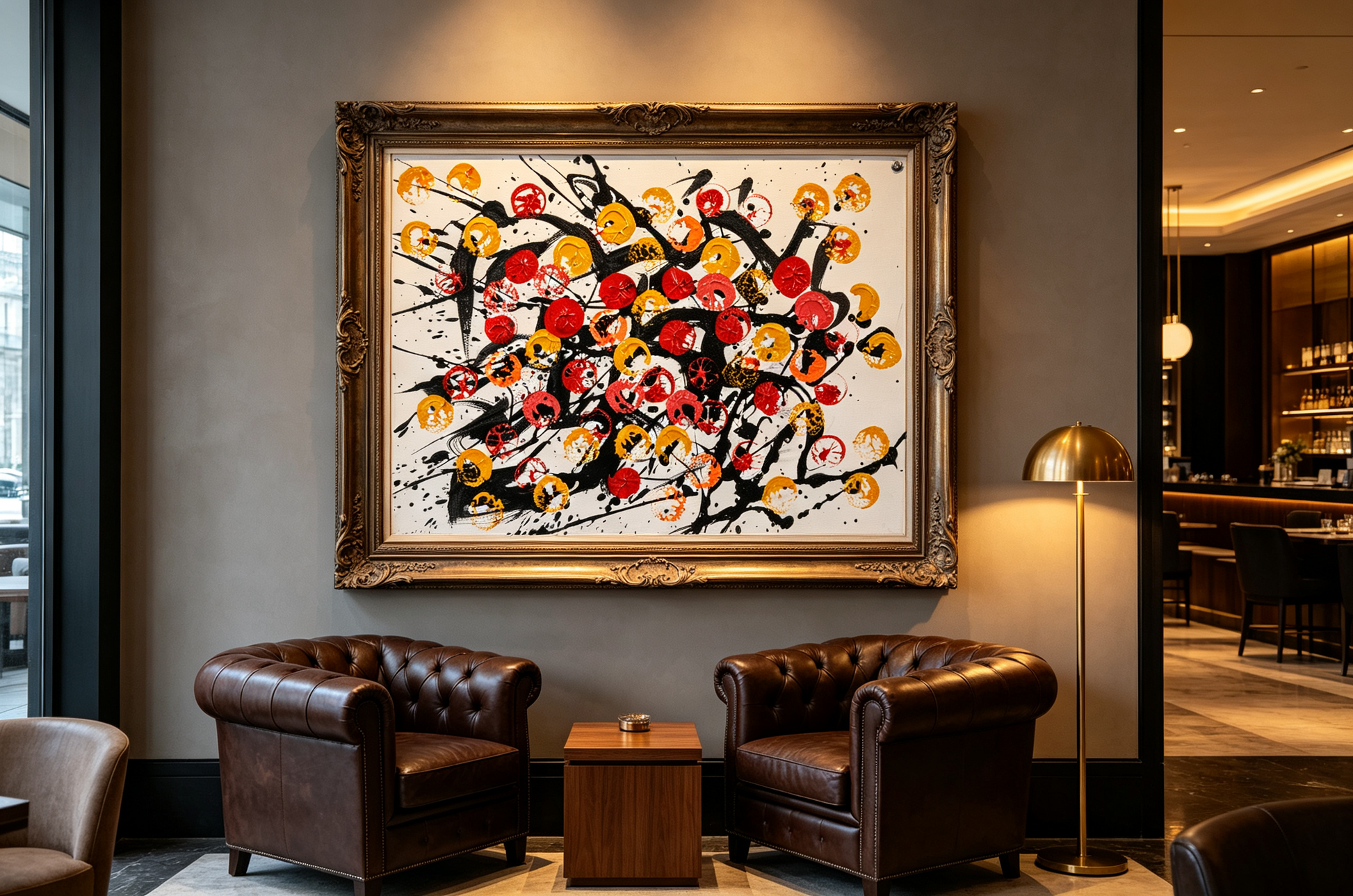 Abstract oil painting with red, gold, and orange circles over black splashes on white