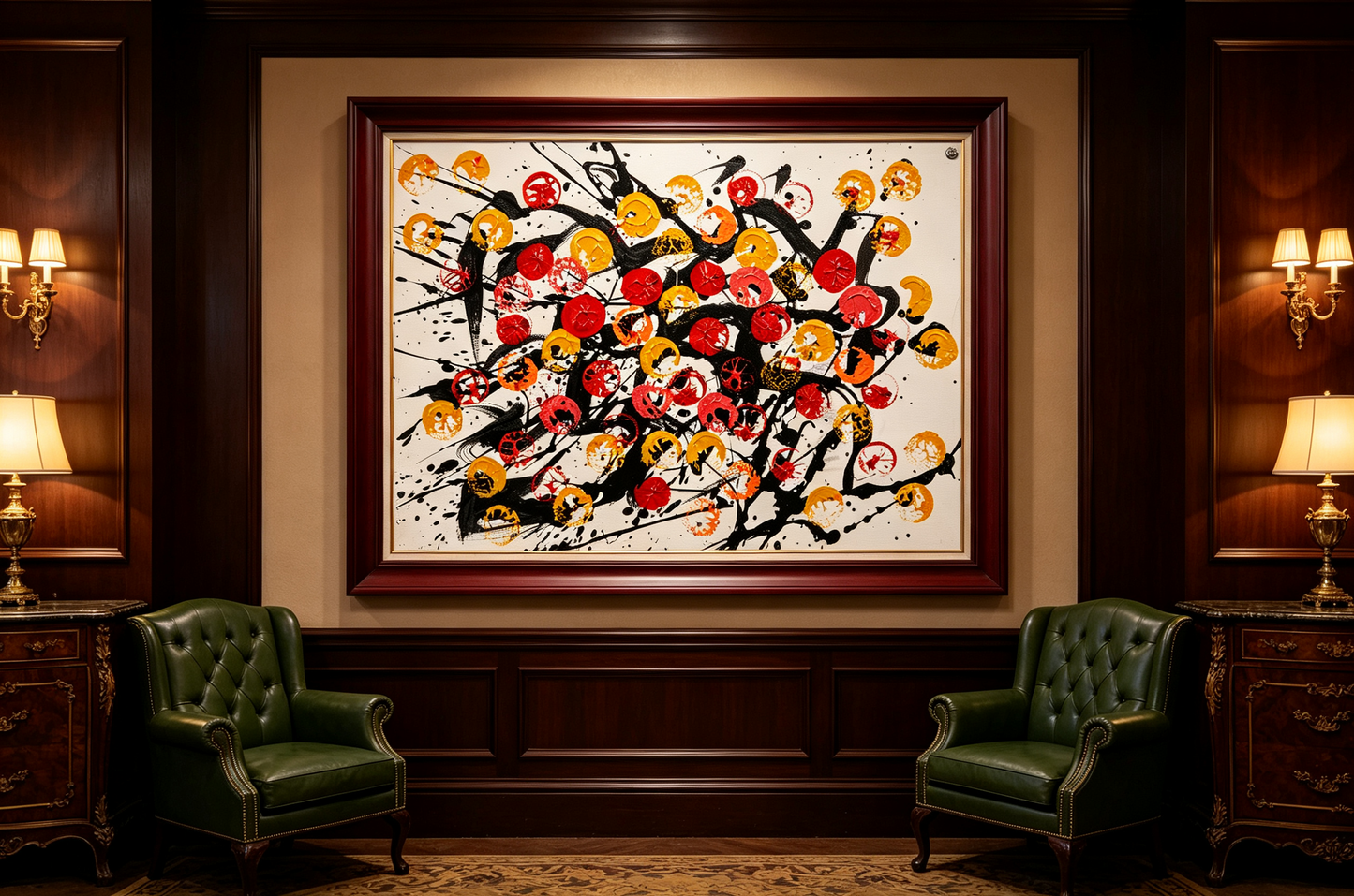 Abstract oil painting with red, gold, and orange circles over black splashes on white