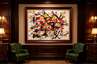 Abstract oil painting with red, gold, and orange circles over black splashes on white