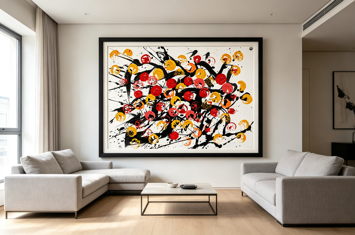 Abstract oil painting with red, gold, and orange circles over black splashes on white