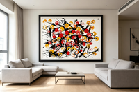 Abstract oil painting with red, gold, and orange circles over black splashes on white