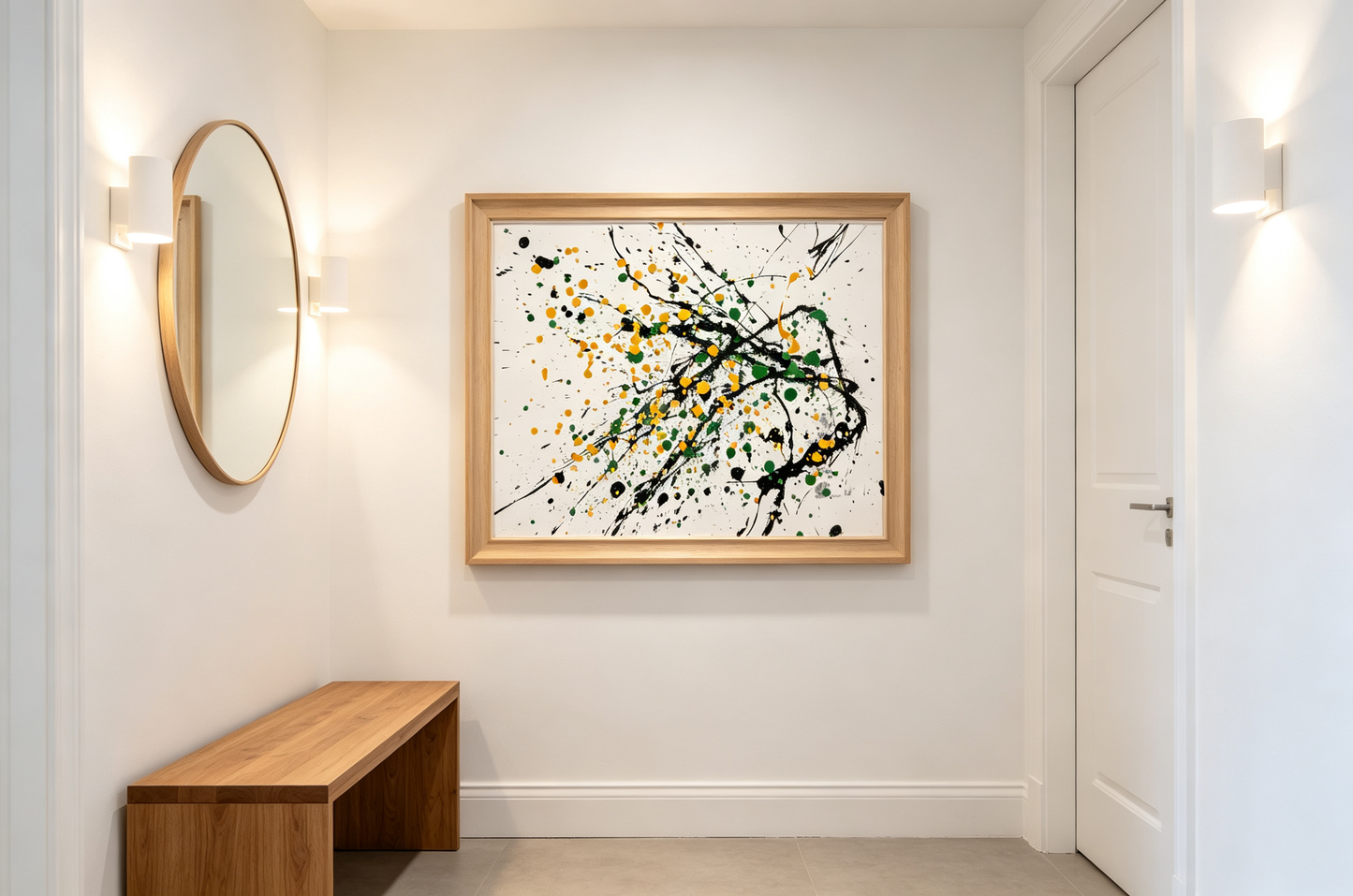 Abstract oil painting with green, orange-yellow and black dots scattered on light background
