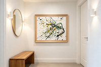 Abstract oil painting with green, orange-yellow and black dots scattered on light background