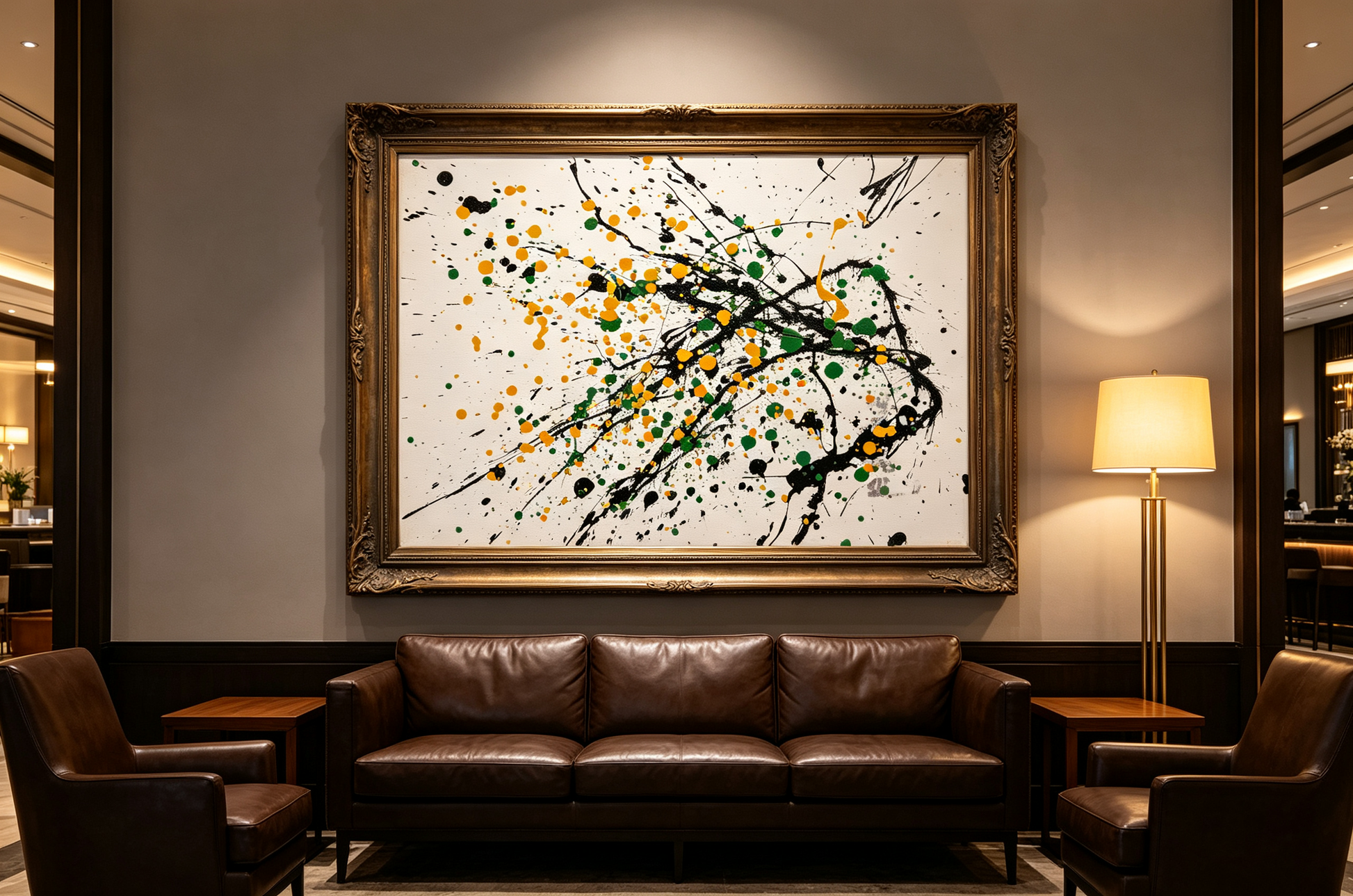 Abstract oil painting with green, orange-yellow and black dots scattered on light background