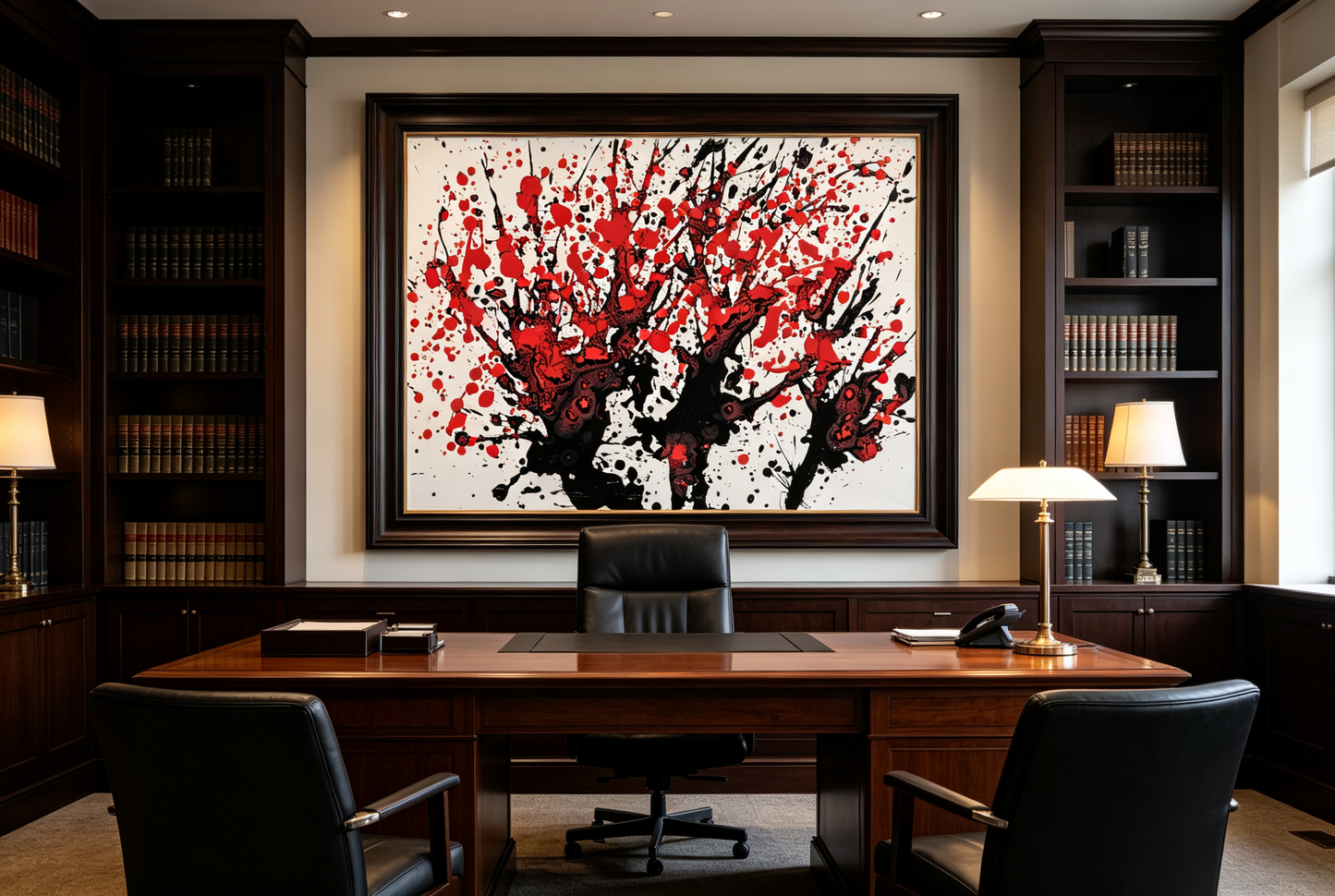Abstract oil painting with black tree-like forms and red splashes on white canvas