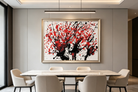 Abstract oil painting with black tree-like forms and red splashes on white canvas