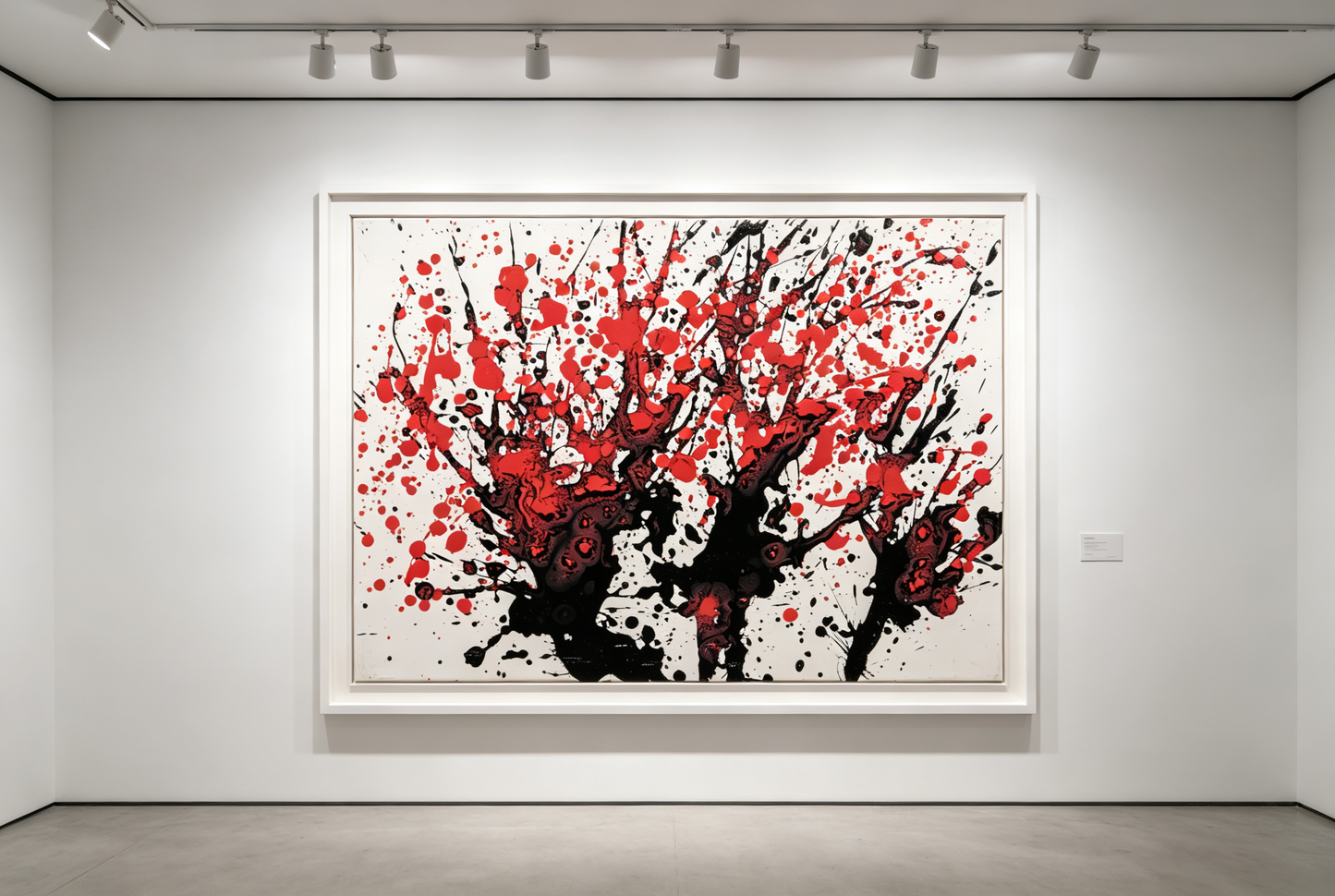 Abstract oil painting with black tree-like forms and red splashes on white canvas