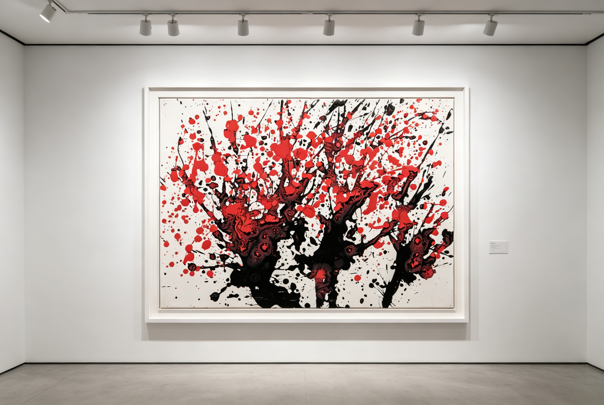 Abstract oil painting with black tree-like forms and red splashes on white canvas
