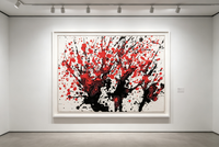 Abstract oil painting with black tree-like forms and red splashes on white canvas