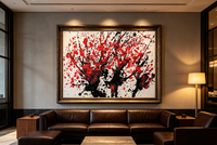 Abstract oil painting with black tree-like forms and red splashes on white canvas