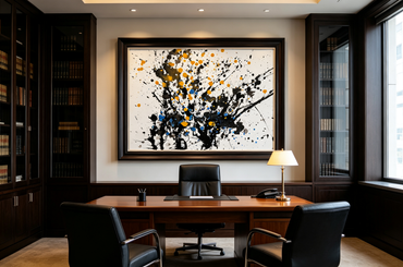Abstract oil painting with branching black splashes and yellow blue dots on white