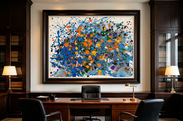 Abstract oil painting with a blue splash web and orange, purple, green, yellow dots