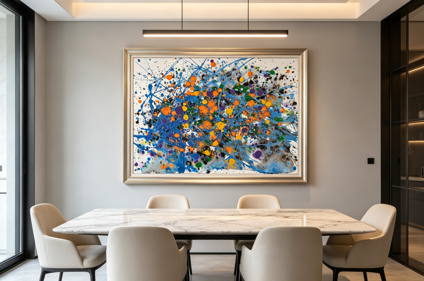 Abstract oil painting with a blue splash web and orange, purple, green, yellow dots