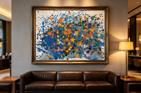 Abstract oil painting with a blue splash web and orange, purple, green, yellow dots